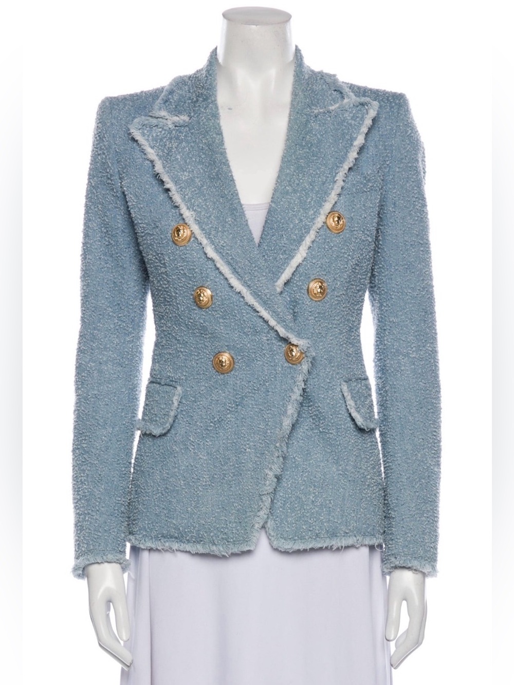 RARE BALMAIN Double-Breasted Light Blue Denim Tweed Blazer Jacket - US 14/FR 46